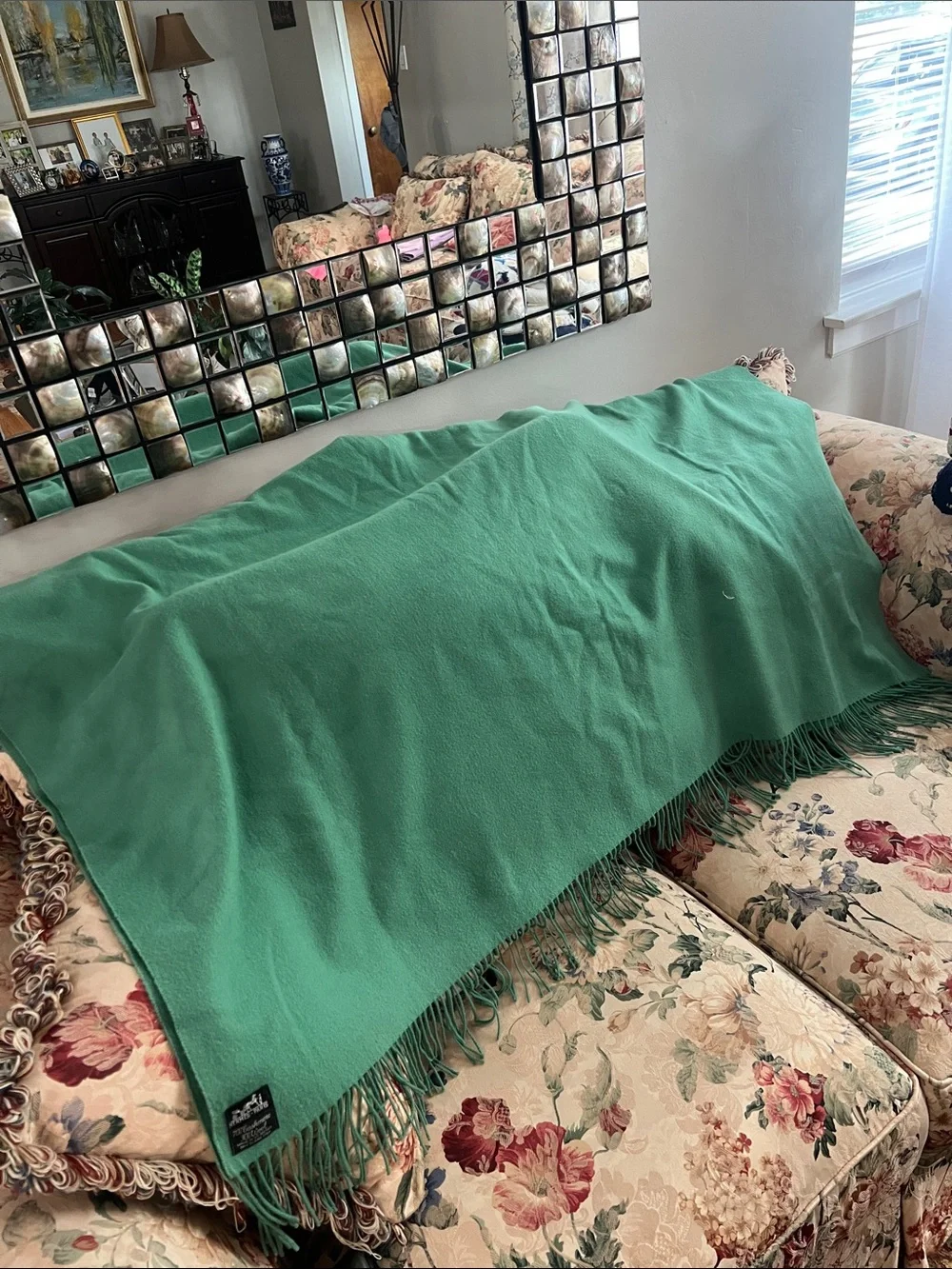 Hermes - Teal/greenish Cashmere-Wool Fringe Scarf/blanket